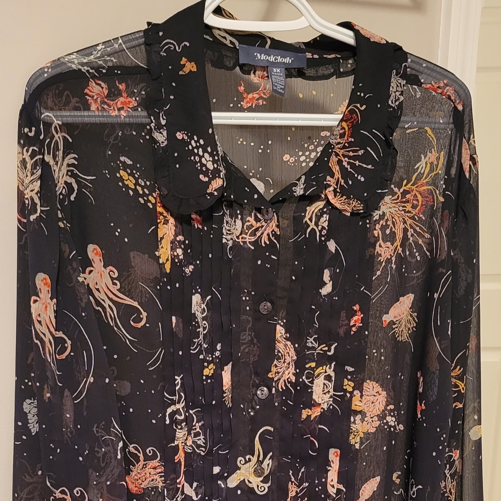 Modcloth Black Ocean Octopus and Jellyfish Sheer Blouse